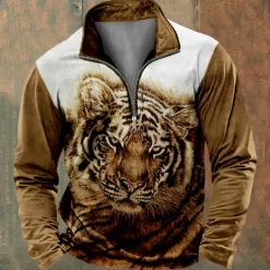 Men's Lion 3D Sweatshirt Sweatshirt Long Sleeve Sweatshirt Quarter Zip Cool 3D Print Holiday 3D Print 1/4 Zip Winter Spring & Fall