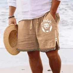 Men's Lion Shorts Summer Shorts Beach Shorts Mid Waist Hawaiian Casual Daily Holiday Going out Zipper Drawstring Elastic Waist Designer Clothing Apparel