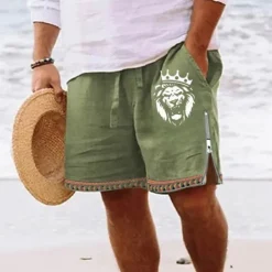 Men's Lion Shorts Summer Shorts Beach Shorts Mid Waist Hawaiian Casual Daily Holiday Going out Zipper Drawstring Elastic Waist Designer Clothing Apparel