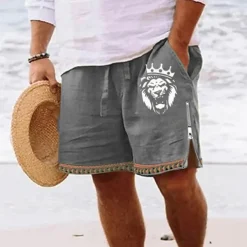 Men's Lion Shorts Summer Shorts Beach Shorts Mid Waist Hawaiian Casual Daily Holiday Going out Zipper Drawstring Elastic Waist Designer Clothing Apparel