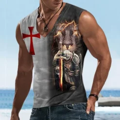 Men's Lion Templar Cross Graphic Prints Cross Tank Top Sleeveless T Shirt for Men Sleeveless T shirt 3D Print V Neck Shirt Basic Classic Casual Daily Sports Going out Black+White Gray Summer Clothing