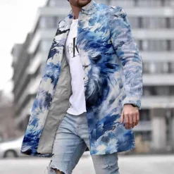 Men's Lion Winter Coat Fleece Jacket Overcoat Thermal Comfortable Artistic Casual Outdoor Party Evening Wear Daily Wear Buttons 3D Print Front Pocket Winter Turndown Long Sleeve Blue
