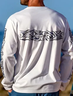 Men's Maori T shirt Long Sleeve T shirt 3D Print Crew Neck Shirt Vacation Tropical Daily Casual Hawaiian Holiday White Summer Spring Fall Clothing Apparel S M L XL XXL XXXL