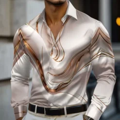 Men's Marble Abstract Liquid Art Satin Shirt Dress Shirt Long Sleeve Fashion Casual Vacation Holiday Summer Spring Fall Turndown Collared Shirts 3D Print Button Up Shirts Pink Blue Gold Green Gray