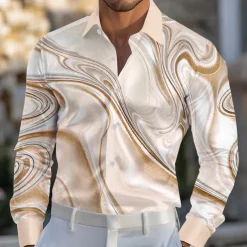 Men's Marble Abstract Liquid Art Shirt Satin Shirt Dress Shirt Long Sleeve Fashion Casual Vacation Dailywear Summer Spring Fall Turndown 3D Print Button Up Shirts Purple Khaki Light Blue