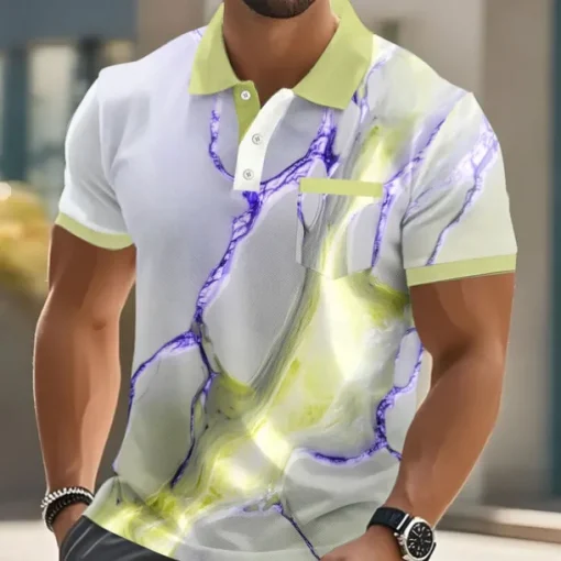 Men's Marble Polo Short Sleeve Polo Shirts Collared Shirts Business Casual Outdoor Athleisure Daily Wear 3D Print Buttons Summer Blue Purple Gold