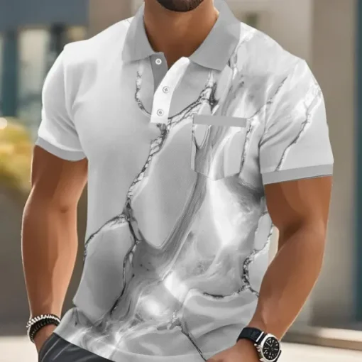 Men's Marble Polo Short Sleeve Polo Shirts Collared Shirts Business Casual Outdoor Athleisure Daily Wear 3D Print Buttons Summer Blue Purple Gold