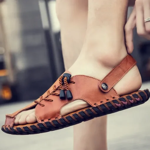 Men's Microfiber Leather Sandals Black Summer Sandals Slippers Handmade Shoes Flat Sandals Plus Size Casual Outdoor Vacation Beach Breathable Elastic Band Shoes Red Brown Yellow brown