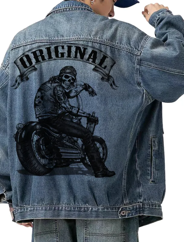 Men's Motorcycle Skulls Coat Jean Jacket Denim Jacket Breathable Comfortable Casual Sports & Outdoor Going out Weekend Buttons Print Fall & Winter Turndown Long Sleeve Black Blue