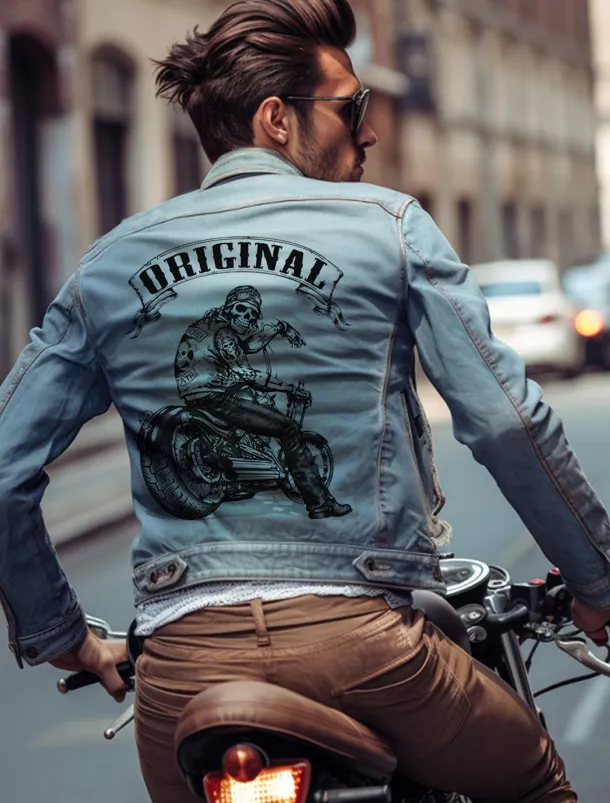 Men's Motorcycle Skulls Coat Jean Jacket Denim Jacket Breathable Comfortable Casual Sports & Outdoor Going out Weekend Buttons Print Fall & Winter Turndown Long Sleeve Black Blue