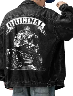 Men's Motorcycle Skulls Coat Jean Jacket Denim Jacket Breathable Comfortable Casual Sports & Outdoor Going out Weekend Buttons Print Fall & Winter Turndown Long Sleeve Black Blue