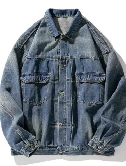 Men's Motorcycle Skulls Coat Jean Jacket Denim Jacket Breathable Comfortable Casual Sports & Outdoor Going out Weekend Buttons Print Fall & Winter Turndown Long Sleeve Black Blue