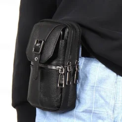 Men's Multi Functional Genuine Leather Shoulder Bag Cell Phone Crossbody Purse Phone Holster Case Leather Belt Waist Pouch Small Messenger Bag