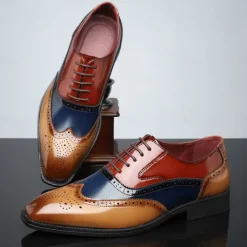 Men's Multicolor Patent Leather Oxford Shoes – Wingtip Brogue Design, Formal Lace-Up Dress Shoes for Weddings and Business Events