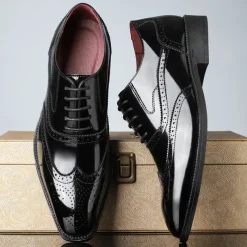 Men's Multicolor Patent Leather Oxford Shoes – Wingtip Brogue Design, Formal Lace-Up Dress Shoes for Weddings and Business Events