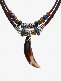 Men's Multi-Layer Anchor Pendant Necklace - Frosted Rope, Black Gallstone, Wooden Beads, and Alloy, Adjustable Length, Nautical Style for Casual and Beachwear