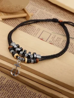 Men's Multi-Layer Anchor Pendant Necklace - Frosted Rope, Black Gallstone, Wooden Beads, and Alloy, Adjustable Length, Nautical Style for Casual and Beachwear