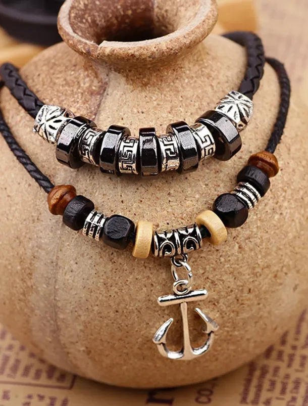 Men's Multi-Layer Anchor Pendant Necklace - Frosted Rope, Black Gallstone, Wooden Beads, and Alloy, Adjustable Length, Nautical Style for Casual and Beachwear