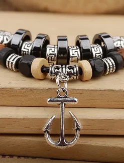 Men's Multi-Layer Anchor Pendant Necklace - Frosted Rope, Black Gallstone, Wooden Beads, and Alloy, Adjustable Length, Nautical Style for Casual and Beachwear