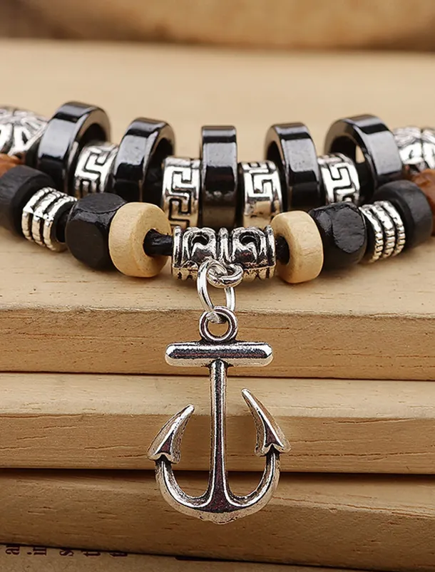 Men's Multi-Layer Anchor Pendant Necklace - Frosted Rope, Black Gallstone, Wooden Beads, and Alloy, Adjustable Length, Nautical Style for Casual and Beachwear