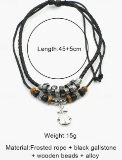 Men's Multi-Layer Anchor Pendant Necklace - Frosted Rope, Black Gallstone, Wooden Beads, and Alloy, Adjustable Length, Nautical Style for Casual and Beachwear