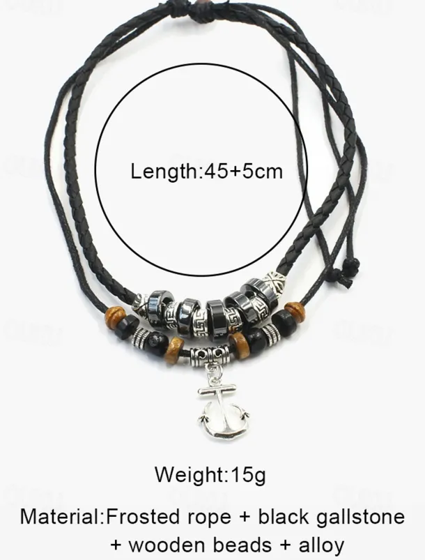 Men's Multi-Layer Anchor Pendant Necklace - Frosted Rope, Black Gallstone, Wooden Beads, and Alloy, Adjustable Length, Nautical Style for Casual and Beachwear