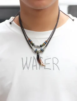 Men's Multi-Layer Anchor Pendant Necklace - Frosted Rope, Black Gallstone, Wooden Beads, and Alloy, Adjustable Length, Nautical Style for Casual and Beachwear