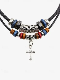 Men's Multi-Layer Anchor Pendant Necklace - Frosted Rope, Black Gallstone, Wooden Beads, and Alloy, Adjustable Length, Nautical Style for Casual and Beachwear