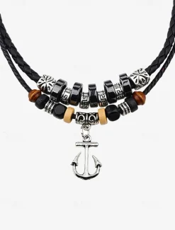 Men's Multi-Layer Anchor Pendant Necklace - Frosted Rope, Black Gallstone, Wooden Beads, and Alloy, Adjustable Length, Nautical Style for Casual and Beachwear