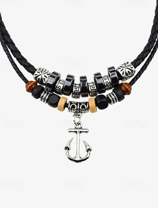 Men's Multi-Layer Anchor Pendant Necklace - Frosted Rope, Black Gallstone, Wooden Beads, and Alloy, Adjustable Length, Nautical Style for Casual and Beachwear