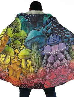 Men's Mushroom Winter Coat Fleece Jacket Coat Warm Breathable Comfortable Abstract Hippie Sports & Outdoor Daily Wear Going out Zipper Pocket Print Fall & Winter Hoodie Long Sleeve Blue