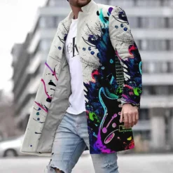 Men's Musical Instrument Winter Coat Overcoat Jacket Warm Comfortable Casual Party Evening Wear Daily Wear Buttons 3D Print Front Pocket Fall & Winter Turndown Long Sleeve Ink Blue