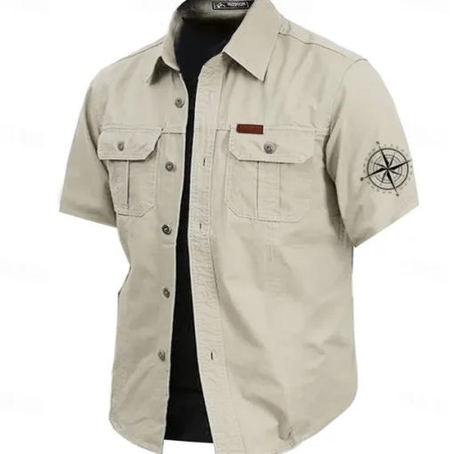 Men's Nautical Compass Work Shirt Western Shirt Cargo Shirt Short Sleeve Casual Tactical Sports Outdoor WorkWear Summer Spring Turndown Front Two Pockets Cotton Button Up Shirts Army Green Khaki Dark