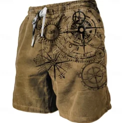 Men's Nautical Graphic Prints Compass Sweat Shorts Beach Shorts Terry Shorts Mid Waist Retro Vintage Casual Daily Holiday Streetwear Drawstring Elastic Waist 3D Print Designer Clothing Apparel