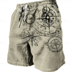 Men's Nautical Graphic Prints Compass Sweat Shorts Beach Shorts Terry Shorts Mid Waist Retro Vintage Casual Daily Holiday Streetwear Drawstring Elastic Waist 3D Print Designer Clothing Apparel