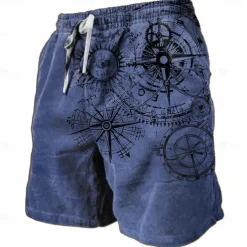 Men's Nautical Graphic Prints Compass Sweat Shorts Beach Shorts Terry Shorts Mid Waist Retro Vintage Casual Daily Holiday Streetwear Drawstring Elastic Waist 3D Print Designer Clothing Apparel