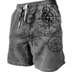 Men's Nautical Graphic Prints Compass Sweat Shorts Beach Shorts Terry Shorts Mid Waist Retro Vintage Casual Daily Holiday Streetwear Drawstring Elastic Waist 3D Print Designer Clothing Apparel