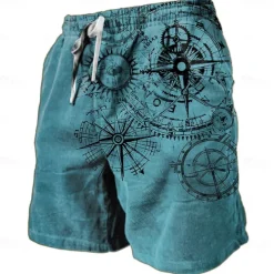 Men's Nautical Graphic Prints Compass Sweat Shorts Beach Shorts Terry Shorts Mid Waist Retro Vintage Casual Daily Holiday Streetwear Drawstring Elastic Waist 3D Print Designer Clothing Apparel