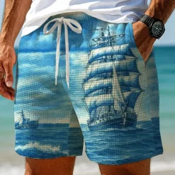 Men's Nautical Sailboat Waffle Shorts Sweat Shorts Casual Shorts Mid Waist Retro Vintage Vacation Jogging Workout Elastic Drawstring Waist Shorts with Pockets Designer Clothing Apparel