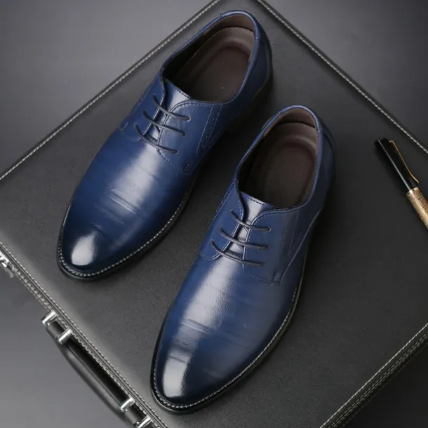 Men's Navy Blue Faux Leather Oxford Shoes – Stylish Lace-Up Design for Business and Formal Wear