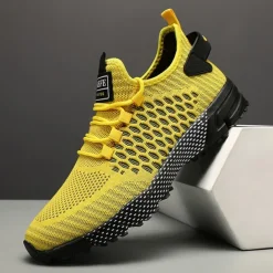 Men's Neon Green Breathable Athletic Sneakers – Lightweight Mesh Running Shoes with Cushioned Sole