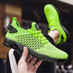 Men's Neon Green Breathable Athletic Sneakers – Lightweight Mesh Running Shoes with Cushioned Sole