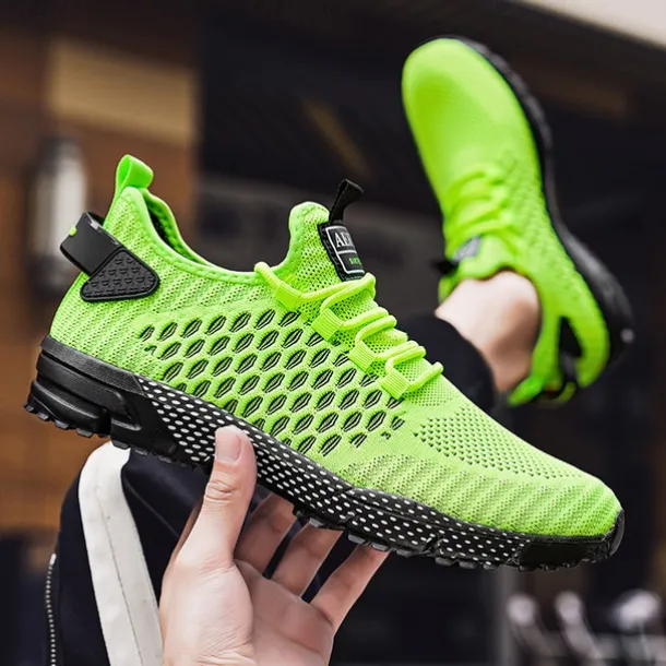 Men's Neon Green Breathable Athletic Sneakers – Lightweight Mesh Running Shoes with Cushioned Sole