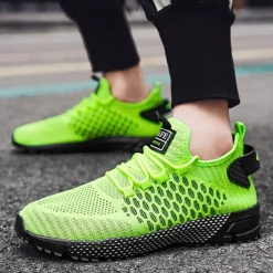 Men's Neon Green Breathable Athletic Sneakers – Lightweight Mesh Running Shoes with Cushioned Sole