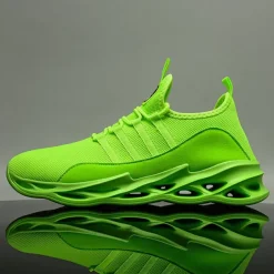 Men's Neon Green Breathable Mesh Athletic Sneakers with Hollow Out Sole - Lightweight Running and Sports Shoes for Gym, Training, and Casual Wear