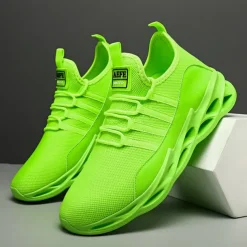 Men's Neon Green Breathable Mesh Athletic Sneakers with Hollow Out Sole - Lightweight Running and Sports Shoes for Gym, Training, and Casual Wear
