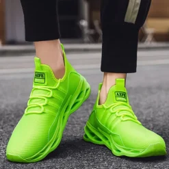 Men's Neon Green Breathable Mesh Athletic Sneakers with Hollow Out Sole - Lightweight Running and Sports Shoes for Gym, Training, and Casual Wear