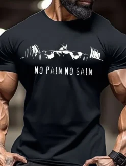 Men's No Pain No Gain Muscle T Shirt Tee Top 100% Cotton Short Sleeve Graphic Shirt Red Comfortable Tee Sports Outdoor Holiday Fashion Clothing