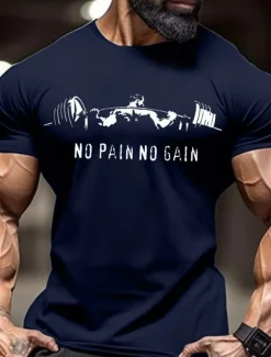 Men's No Pain No Gain Muscle T Shirt Tee Top 100% Cotton Short Sleeve Graphic Shirt Red Comfortable Tee Sports Outdoor Holiday Fashion Clothing