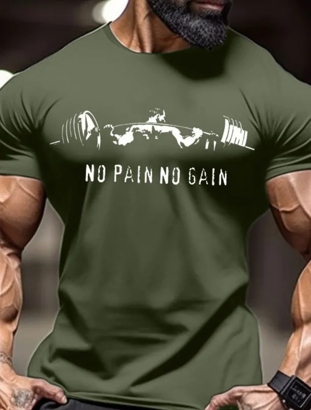 Men's No Pain No Gain Muscle T Shirt Tee Top 100% Cotton Short Sleeve Graphic Shirt Red Comfortable Tee Sports Outdoor Holiday Fashion Clothing